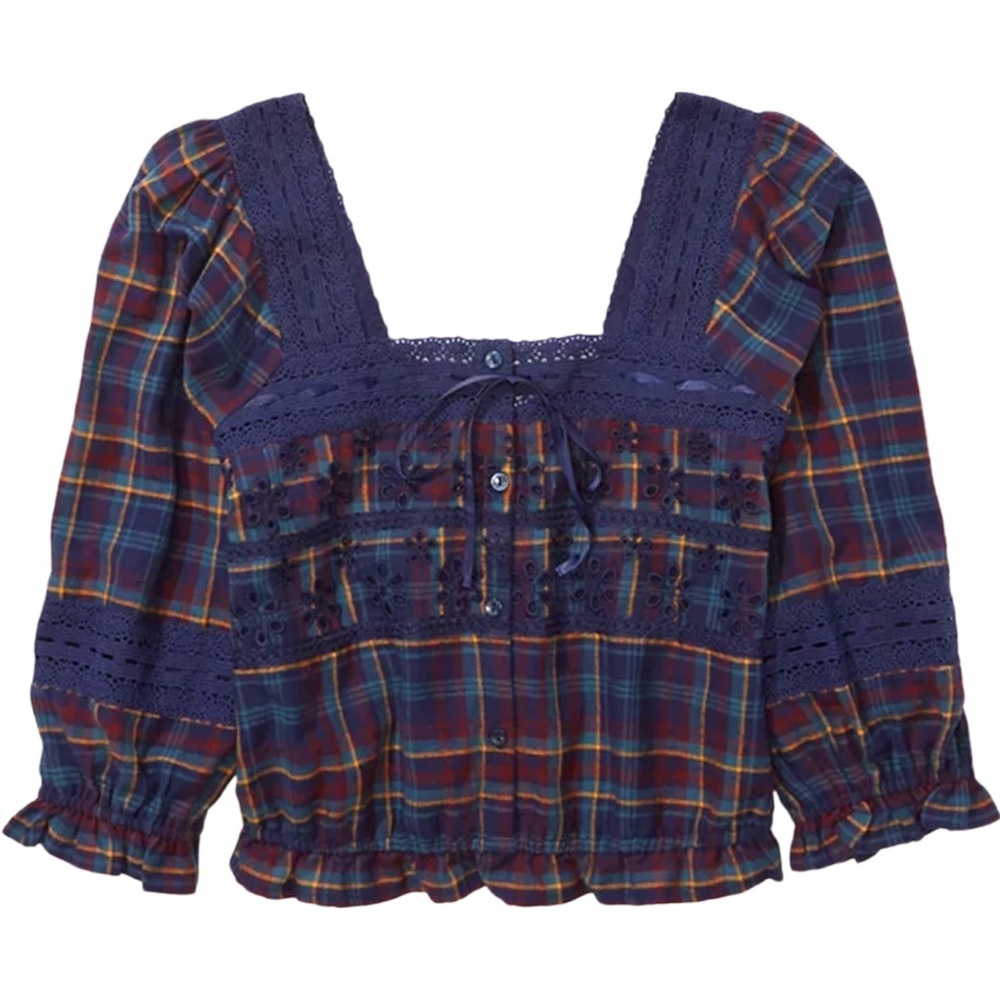 American Eagle Puff Sleeve Milk Maid Crop Top Blue Plaid Size XS Square Neckline - Picture 3 of 13